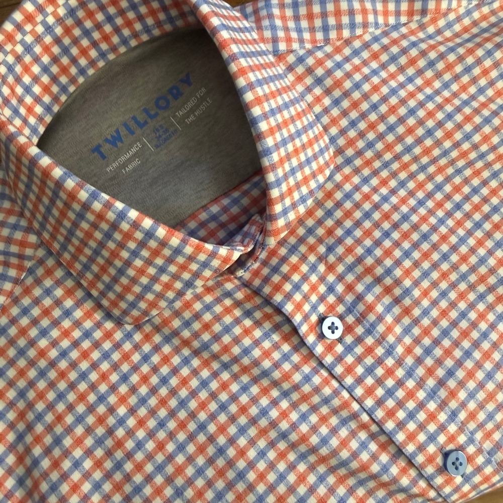 Twillory Mens Performance Fabric Tailored Fit Gingham Dress Shirt 15.5 34/35 Red